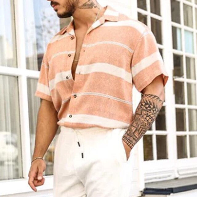 Mens Clothing Mens Shirts | Mens Shirt Striped Turndown Street Casual Button-Down Short Sleeve Tops Casual Fashion Breathable Or