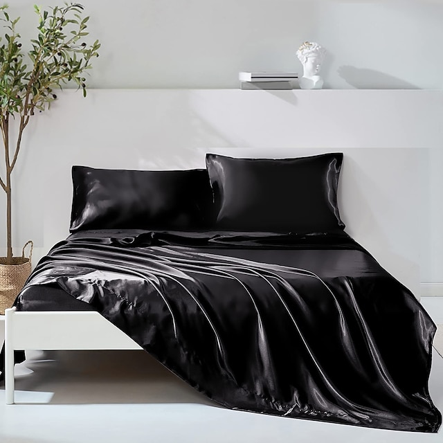  Parure de lit 4 pièces en satin de soie de luxe avec poche profonde et douce unie comprenant 1 drap plat, 1 drap-housse, 2 taies d'oreiller.