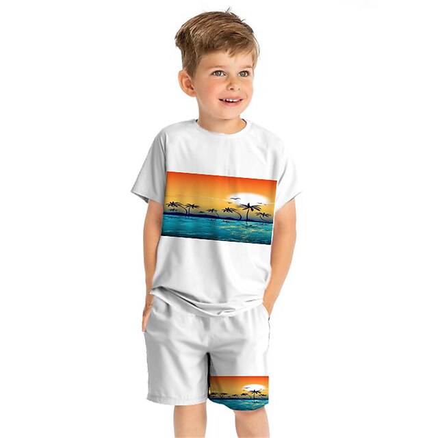 Baby & Kids Boys Clothing | Kids Boys T-shirt & Shorts Clothing Set 2 Pieces Short Sleeve White Graphic Crewneck Print Street Sp