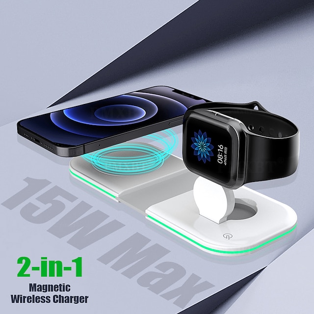  2 in 1 Wireless Charger 15 W Output Power Foldable Charging Station CE Certified Fast Wireless Charging Lightweight Magnetic For Apple Watch iPhone 13 12 11 Pro Max Samsung Galaxy S22 S21 AirPods