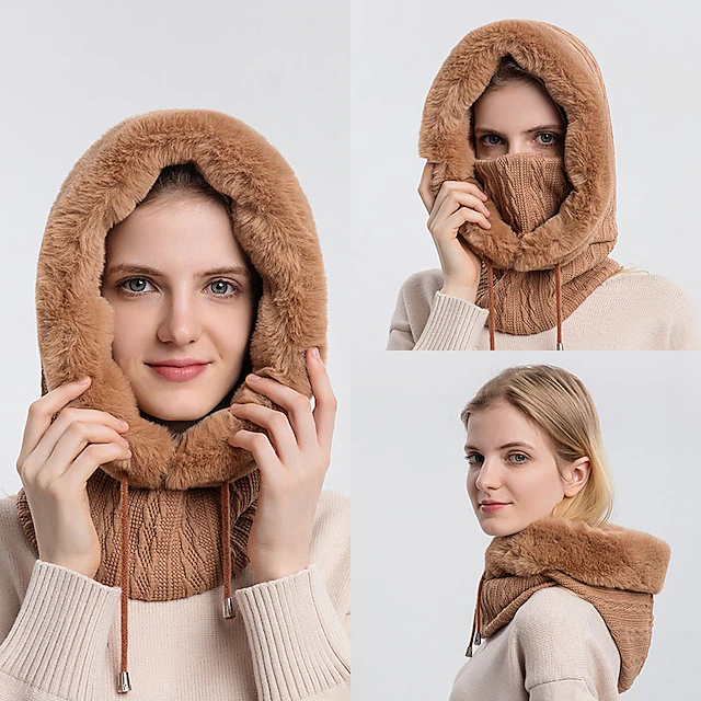 High Quality Winter Fur Cap Mask Set Hooded for Women Knitted Cashmere Neck Warm Outdoor Ski Windproof Hat Thick Plush Fluffy Beanies 12