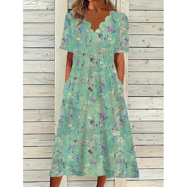 Women's Casual Dress Midi Dress Green Half Sleeve Floral Ruched Spring ...