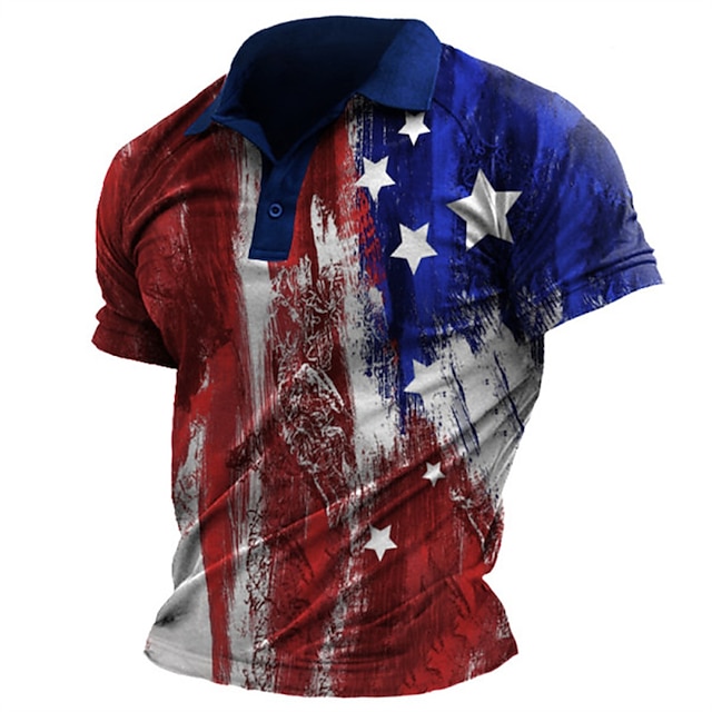  Men's Golf Shirt National Flag Turndown Street Casual 3D Button-Down Short Sleeve Tops Casual Fashion Comfortable White+Red