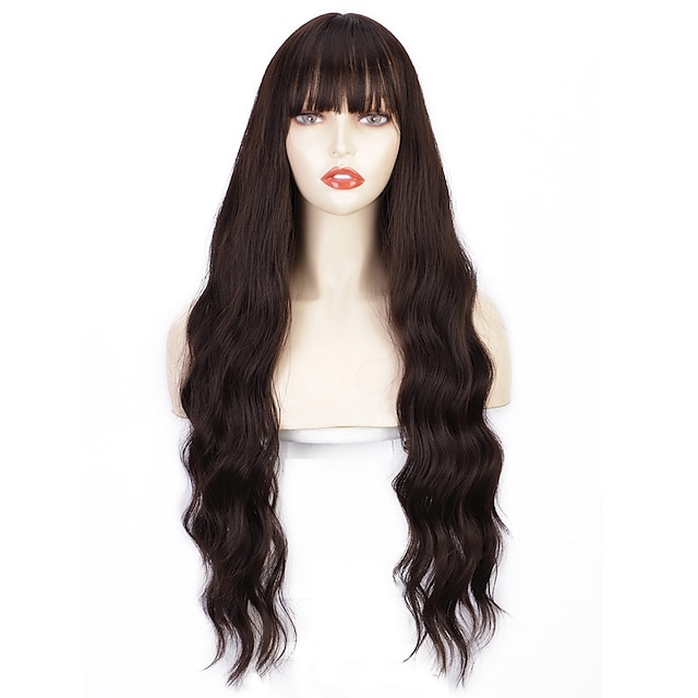 Beauty & Hair Wigs & Hair Pieces | Long Brown Wig Curly Wavy Wig With Air Bangs Natural Looking Machine Made Heat Resistant Synt