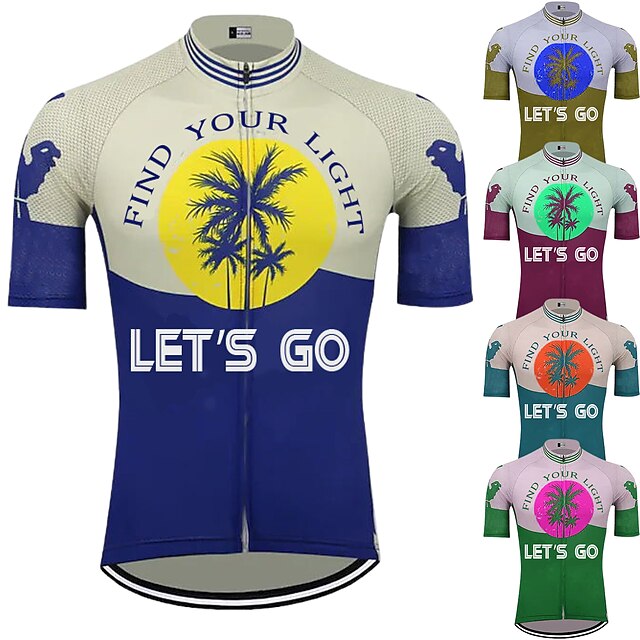  21Grams Men's Cycling Jersey Short Sleeve Bike Top with 3 Rear Pockets Mountain Bike MTB Road Bike Cycling Breathable Quick Dry Moisture Wicking Reflective Strips Green Yellow Sky Blue Palm Tree