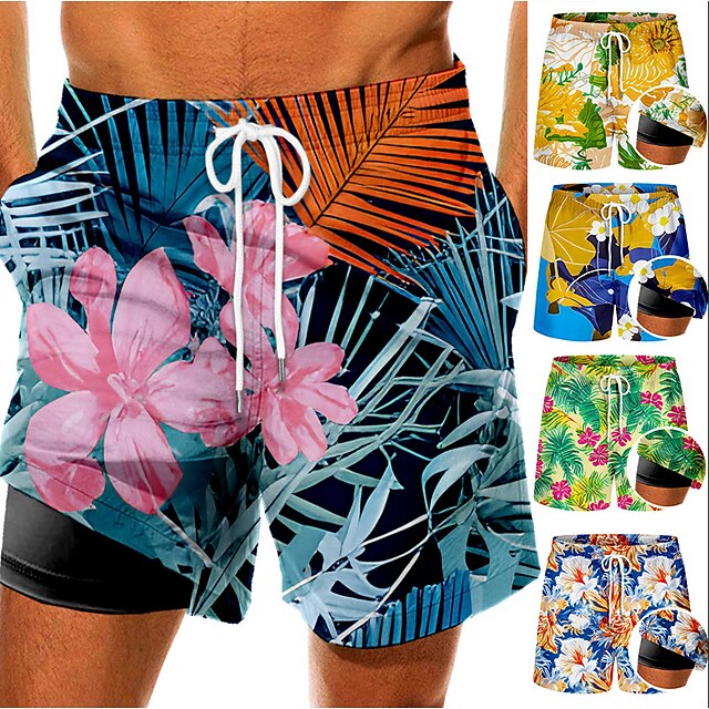  Men's Swim Trunks Swim Shorts Quick Dry Board Shorts Bathing Suit Compression Liner with Pockets Drawstring Swimming Surfing Beach Water Sports Floral Spring Summer