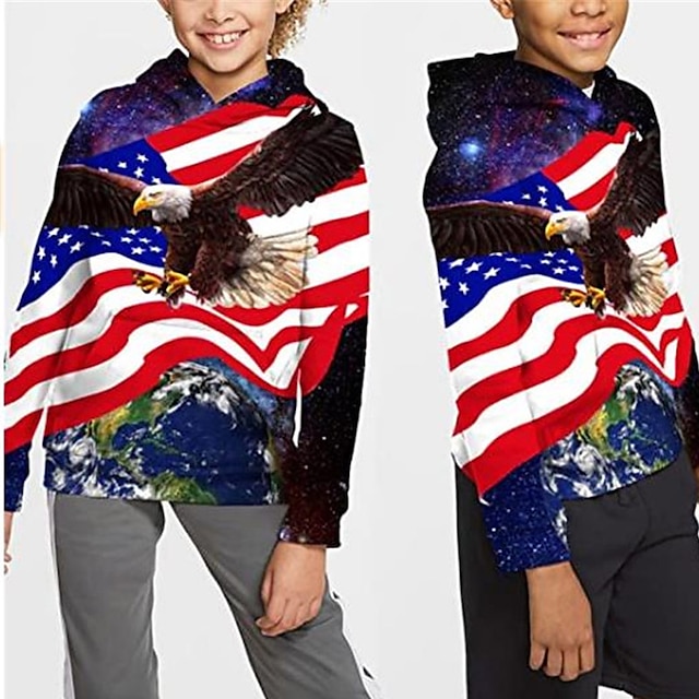 Baby & Kids Boys Clothing | Kids Boys American Independence Day Hoodie Long Sleeve 3D Print Flag Animal Pocket Blue Children Top