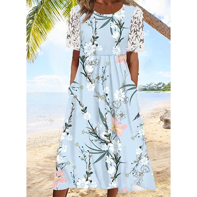 Womens Clothing Womens Dresses | Womens A Line Dress Midi Dress Blue Short Sleeve Floral Print Ruched Print Spring Summer Crew N