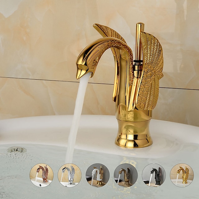  Vintage Bathroom Sink Mixer Faucet Brass Swan Shap, Monobloc Washroom Basin Taps Single Handle One Hole Deck Mounted, Mono Water Vessel Tap Hot and Cold Hose Antique