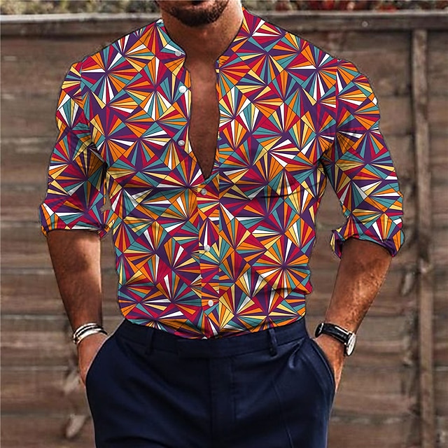 Geometric Pattern Mens Graphic Shirt Geometry Stand Collar Rainbow 3D ...