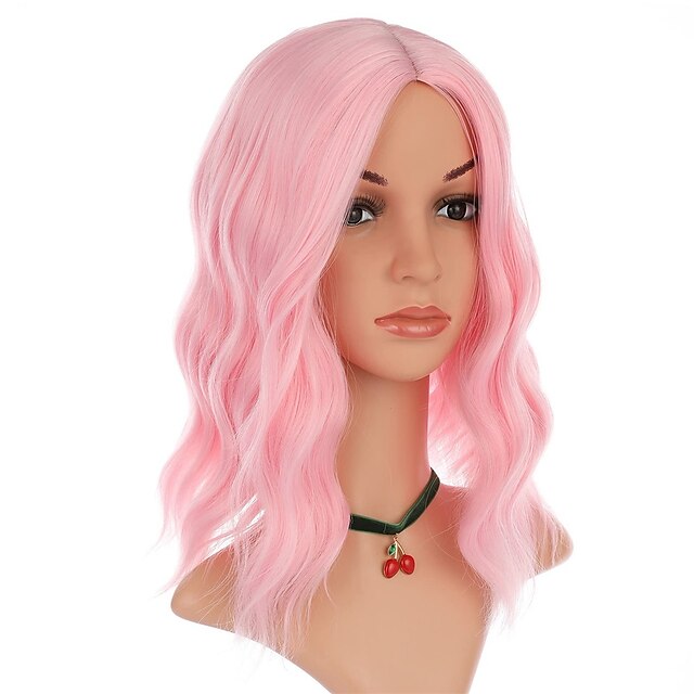 Beauty & Hair Wigs & Hair Pieces | Pink WigLight Pink Wigs for Women14 Inch Colored Middle Part Bob Wig Short Curly Wavy Synthet