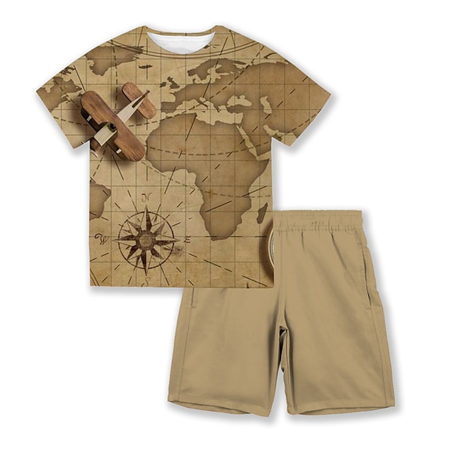 Baby & Kids Boys Clothing | Kids Boys T-shirt & Shorts Clothing Set 2 Pieces Short Sleeve Khaki Graphic Crewneck Print Street Sp