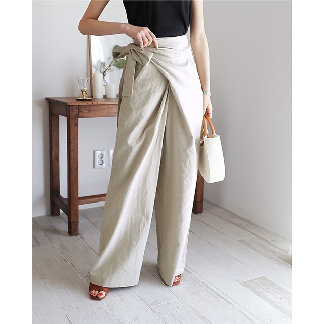 Women's Dress Pants Culottes Wide Leg Wide Leg Full Length Faux Linen ...