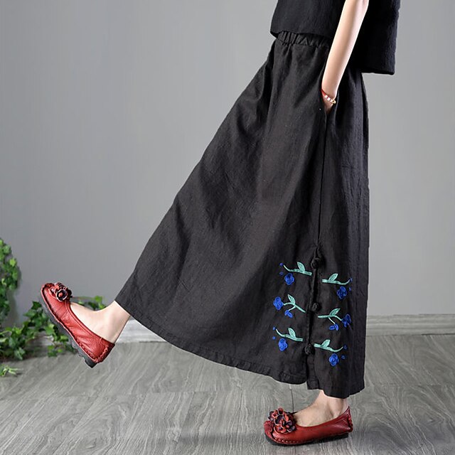 Womens Clothing Womens Bottoms | Womens Fashion Long Skirts Vacation Casual / Daily Linen Floral / Botanical Embroidered Black R