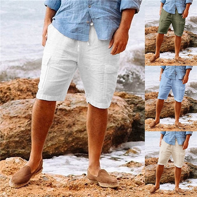  Men's Shorts Linen Shorts Summer Shorts Beach Shorts Drawstring Multi Pocket Plain Comfort Breathable Knee Length Casual Daily Streetwear Classic Style White Army Green