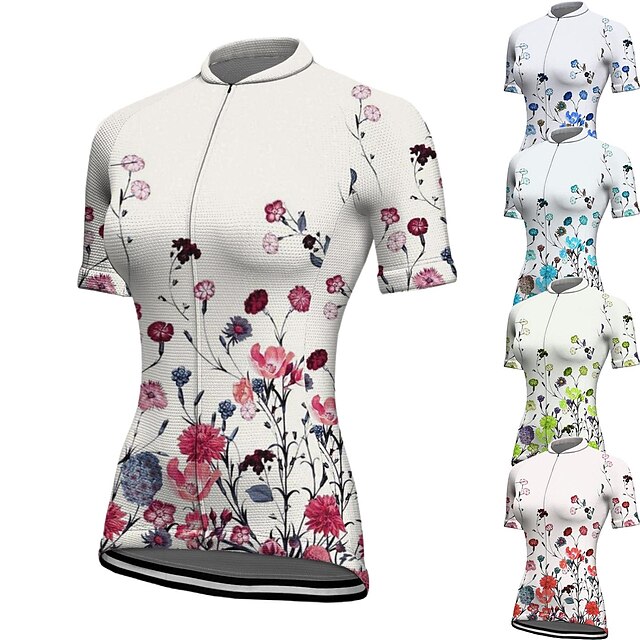  21Grams Women's Cycling Jersey Short Sleeve Bike Jersey Top with 3 Rear Pockets Mountain Bike MTB Road Bike Cycling Breathable Quick Dry Moisture Wicking Reflective Strips White Green Yellow Floral