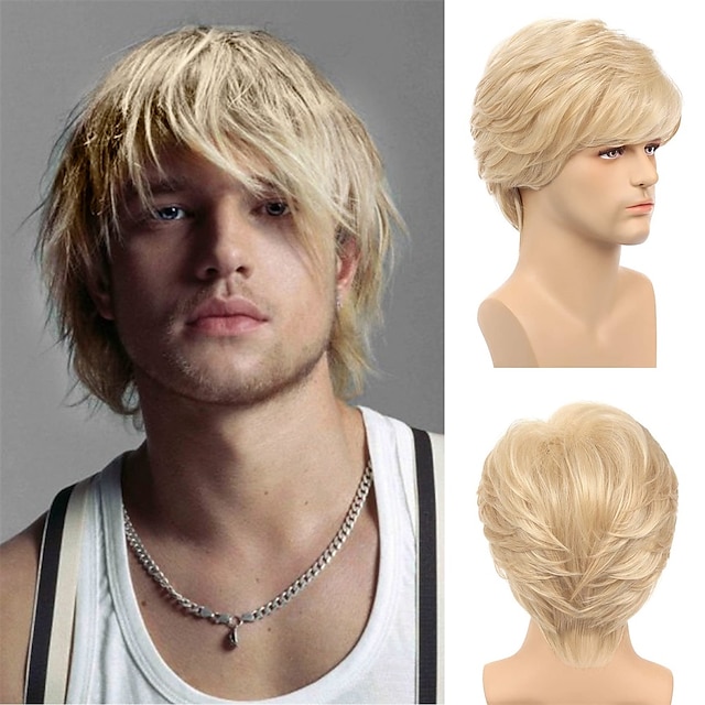  Short Men Blonde Wigs Layered Fluffy Natural Curly Wig Synthetic Heat Resistant Halloween Cosplay Wig for Male Guys