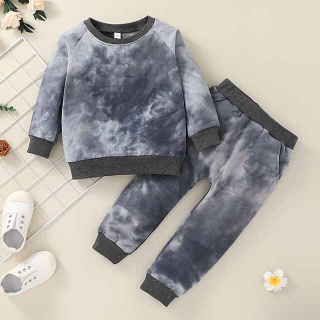 Baby & Kids Boys Clothing | Kids Boys Hoodie & Pants Clothing Set 2 Pieces Short Sleeve Gray Tie Dye Street Outdoor Active Daily