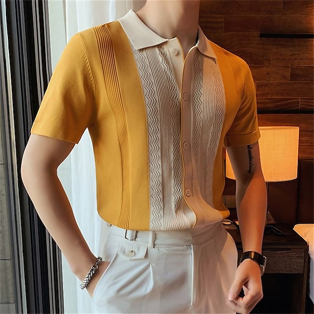  Men's Knit Polo Sweater Polo Shirt Casual Daily Turndown Button Short Sleeve Fashion Chunky Color Block Button Front Summer Spring Fall Regular Fit Black Yellow Knit Polo Sweater