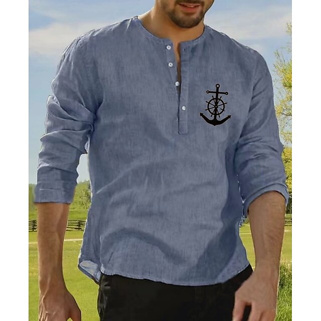 Mens Clothing Mens Shirts | Mens ShirtSolid Color Anchor Round Neck Street Casual Button-Down Print Half Sleeve Tops Designer Ca