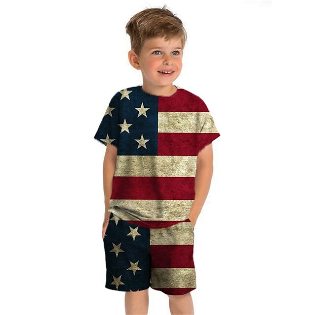 Baby & Kids Boys Clothing | Kids Boys American Independence Day T-shirt & Shorts Clothing Set 2 Pieces Short Sleeve Blue Flag Cr