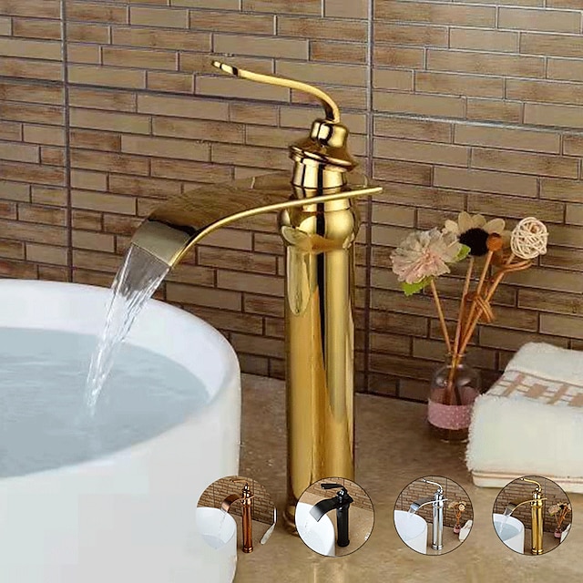  Messing-Waschtischarmatur, Wasserfall-Roségold-Centerset-Einhand-Einloch-Badearmaturen mit heißem und kaltem Wasser