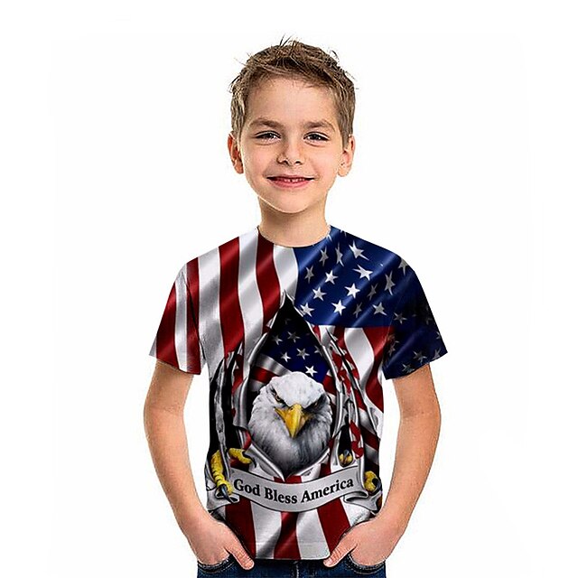 Baby & Kids Boys Clothing | Kids Boys American Independence Day T shirt Short Sleeve 3D Print Flag Animal Crewneck Blue Children