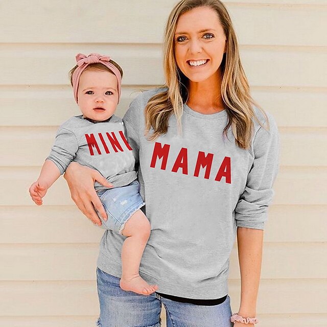 Baby & Kids Matching Outfits | Mommy and Me Sweatshirt Letter Street Print White Black Gray Long Sleeve Active Matching Outfits 