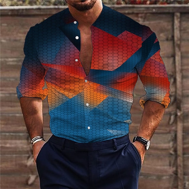 Mens Clothing Mens Shirts | Mens Shirt 3D Print Gradient Geometry Stand Collar Street Casual Button-Down Print Long Sleeve Tops 