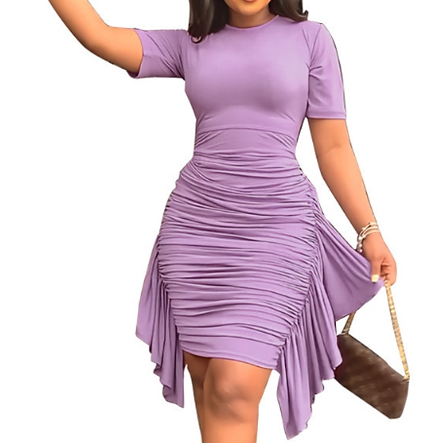 Womens Clothing Plus Size Collection | Womens Plus Size Sheath Dress Solid Color Round Neck Short Sleeve Spring Summer Casual Kn