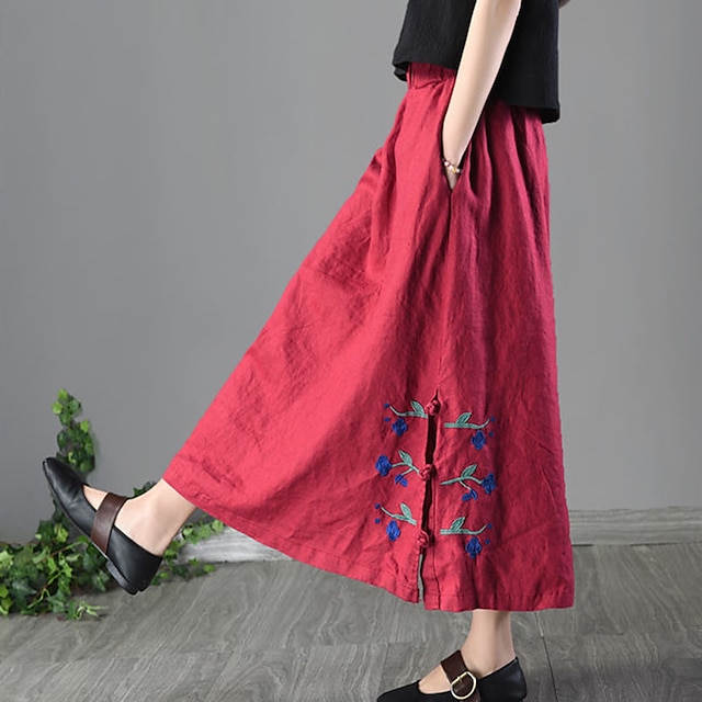 Womens Clothing Womens Bottoms | Womens Fashion Long Skirts Vacation Casual / Daily Linen Floral / Botanical Embroidered Black R