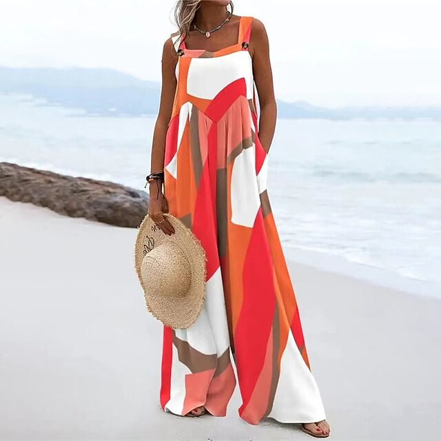 Women's Jumpsuits Bib Casual Summer Pocket Print Color Block Square Neck Street Daily Regular Fit Sleeveless Purple Orange Navy Blue S M L Spring3