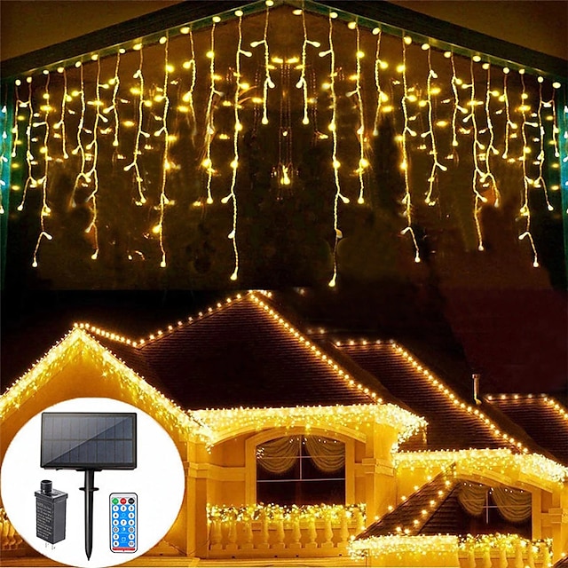  LED Curtain Lights Solar 3x0.5m 4mx0.6m 5x0.8 24V Low Voltage Remote Control Solar Power Plug-in Dual Purpose String Light Thanksgiving Christmas Outdoor Party Garden Decoration Fairy Lights Gypsophila 1 set