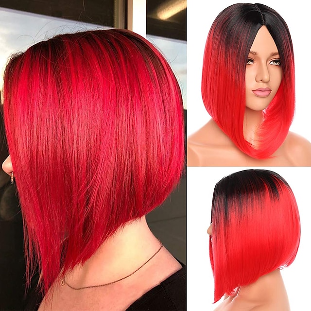 moyenne droite bob perruque partie moyenne pas de frange résistant à la chaleur cheveux synthétiques naturel noir à rouge lob pleine perruque pour les femmes anime cosplay partie halloween perruque