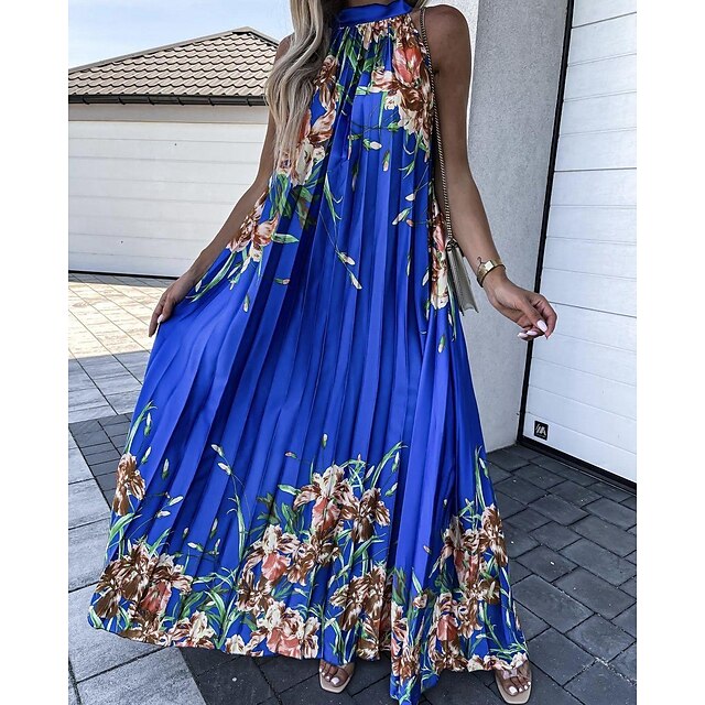 Womens Clothing Womens Dresses | Womens Casual Dress Maxi long Dress Sleeveless Print Pleated Summer Halter Neck Casual Vacation