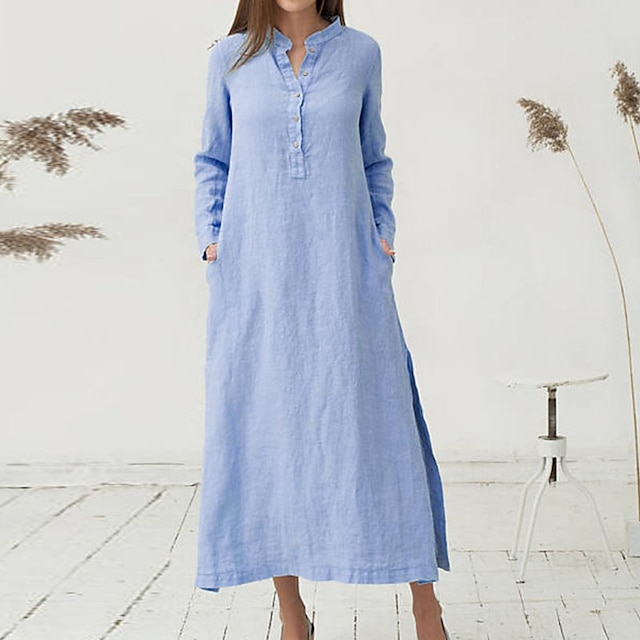  Women's Shirt Dress Cotton Linen Dress Casual Dress Cotton Maxi long Dress Home Daily Vacation Basic Casual Pocket Stand Collar Summer Spring Fall Long Sleeve Loose Fit 2023 White Blue Pure Color S M