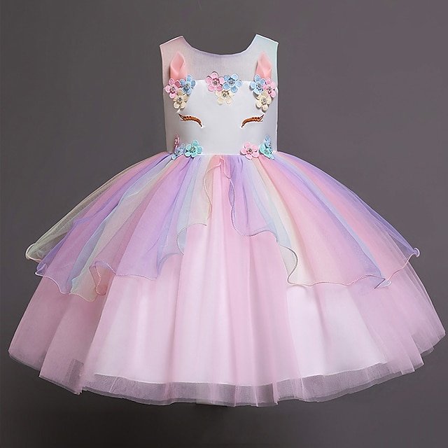  Kids Girls' Dress Color Block Jacquard Sleeveless Layered Cute Flower Polyester Knee-length Tulle Dress Baby Pink Blue Purple