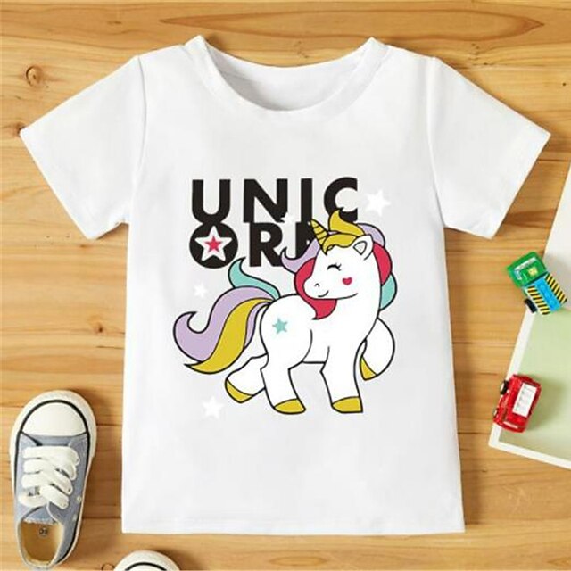 Baby & Kids Boys Clothing | Kids Girls T shirt Short Sleeve 3D Print Unicorn Letter Animal Crewneck White Children Tops Spring S