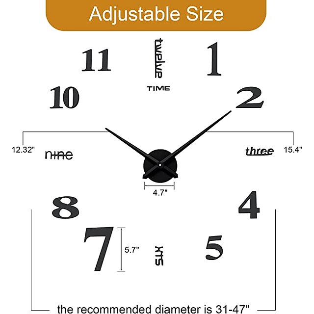 Frameless Large DIY Wall Clock, Modern 3D Wall Clock with Mirror