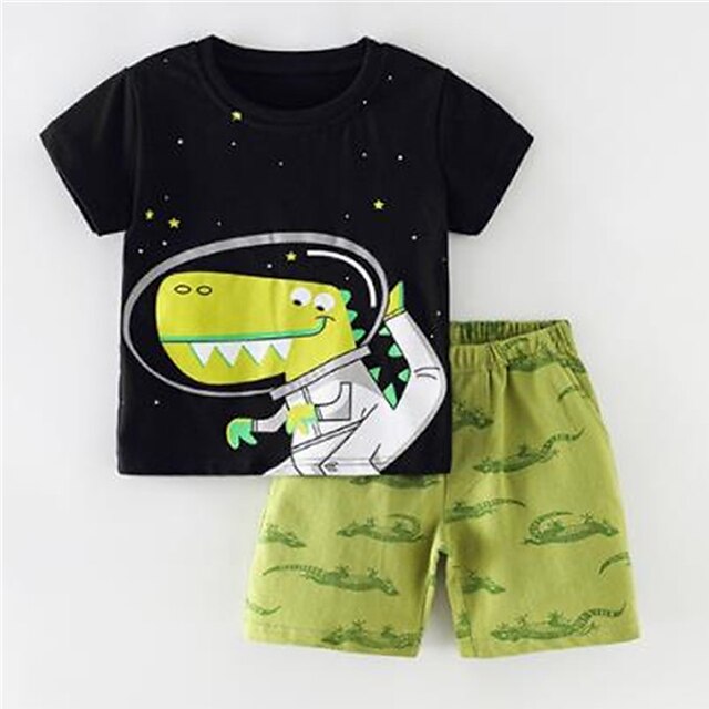 Baby & Kids Boys Clothing | Kids Boys T-shirt & Shorts Clothing Set 2 Pieces Short Sleeve Green Dinosaur Animal Crewneck Print S