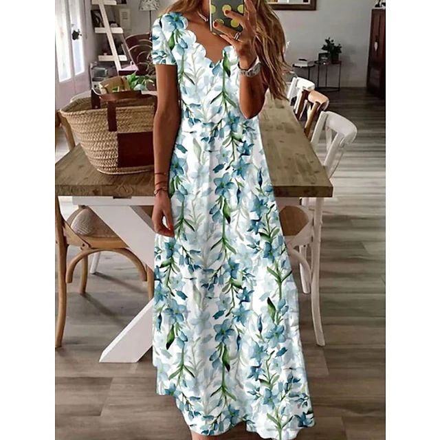 Women's Casual Dress Maxi long Dress Green Short Sleeve Floral Ruched ...