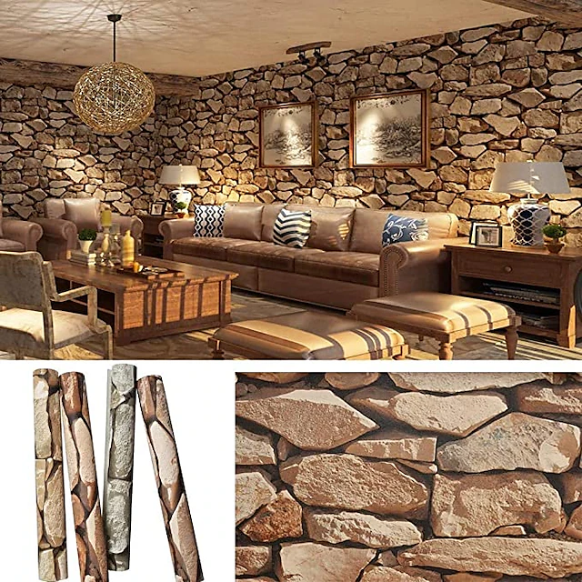 Cool Wallpapers Wall Mural Brick Wallpaper Brown 3D Rock Stone Wall Covering Adhesive Required PVC Home Décor 1000*53 cm 16