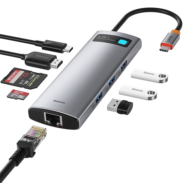  BASEUS USB 3.0 Koncentratory 8 Porty 8 w 1 Z czytnikiem kart (s) Rozdzielacz USB z DisplayPort USB 3.0 USB C Micro USB typu B. 5V / 1,5A Dostarczanie mocy Na Laptop Poliwęglan Smartfon