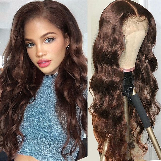 Beauty & Hair Wigs & Hair Pieces | Body Wave 4# Brown Lace Closure Human Hair Wigs T Part Closure Wigs Peruvian Remy Preplucked 