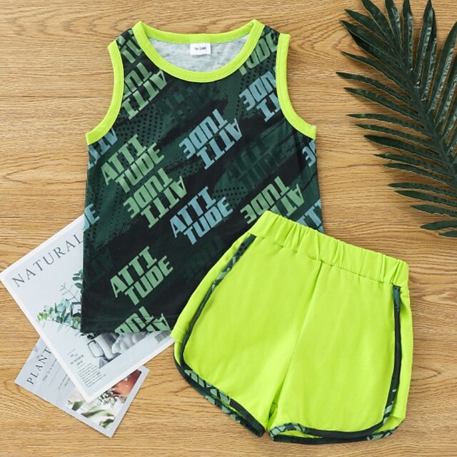 Baby & Kids Boys Clothing | Kids Boys Tank & Shorts Clothing Set 2 Pieces Sleeveless Light Green Letter Patchwork Print Sports O