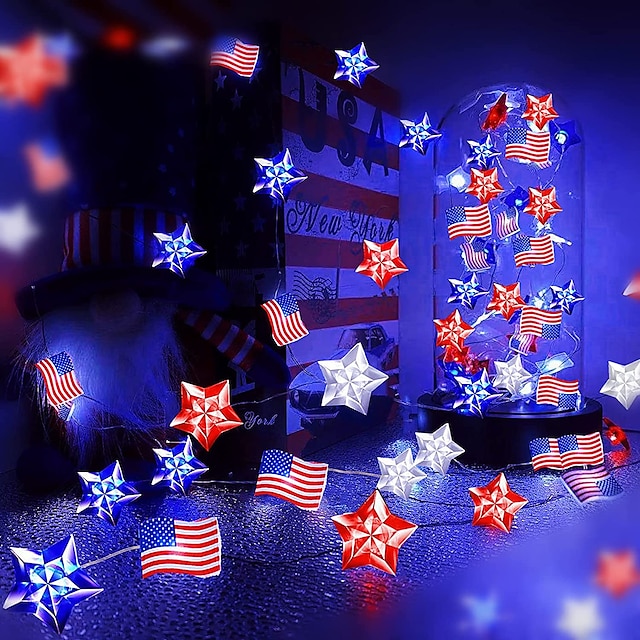  4 luglio decorazioni luci 13 piedi 40 led rosso bianco bule stelle e bandiera americana luci stringa 8 modalità luci fiabe impermeabili con telecomando per il giorno dell'indipendenza giorno della
