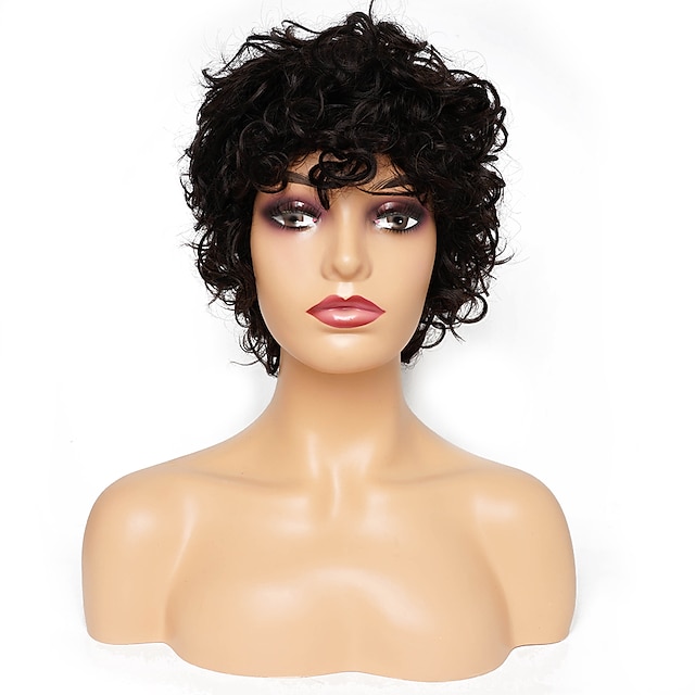 Human Hair Wig Short Curly Pixie Cut Natural Black Adjustable Natural ...