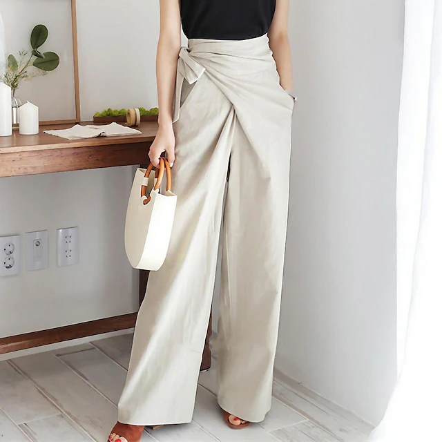 Women's Dress Pants Culottes Wide Leg Faux Linen Side Pockets Baggy ...