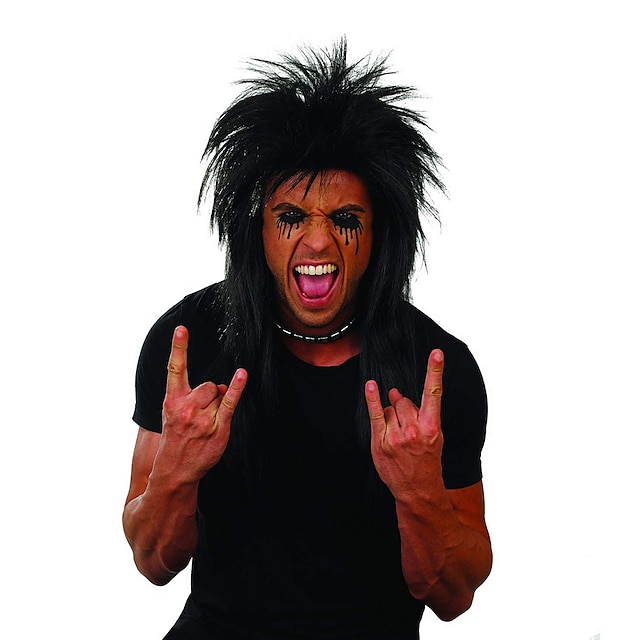 Emo Wigs Adults Black Rocker Wig 80s Decades Glam Rock Spiked Hair Accessory Straight Black Wigs