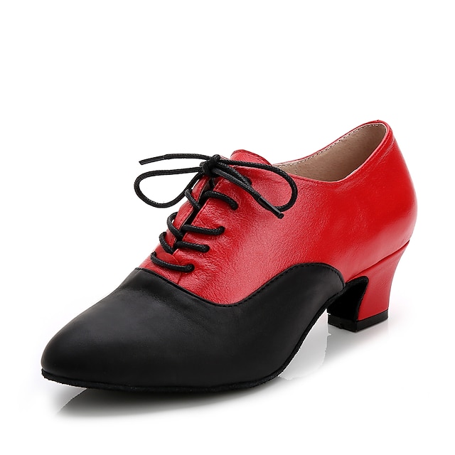  Women's Latin Shoes Practice Trainning Dance Shoes Party Performance ChaCha Lace Up Heel Splicing High Heel Closed Toe Lace-up Black / Red Black